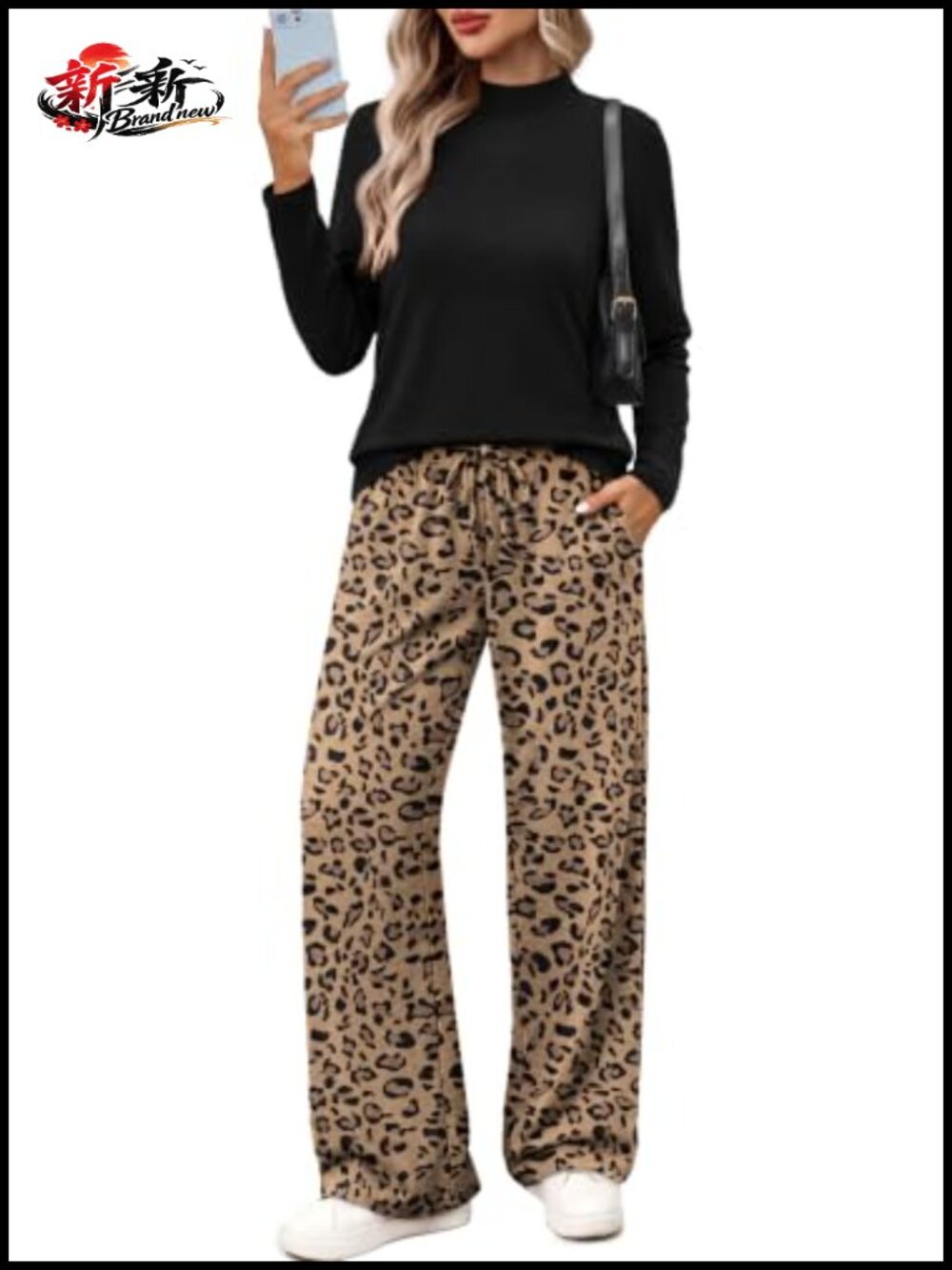 Two Piece Lounge Set Mock Neck Top Wide Leg Pants 90% Polyester 10% Spandex
